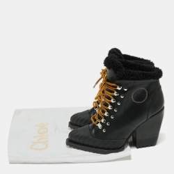 Pre Owned Chloe Black Leather And Woven Fabric Rylee Ankle Boots Size 38.5