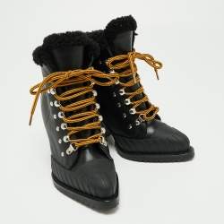 Pre Owned Chloe Black Leather And Woven Fabric Rylee Ankle Boots Size 38.5