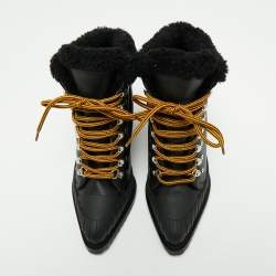 Pre Owned Chloe Black Leather And Woven Fabric Rylee Ankle Boots Size 38.5