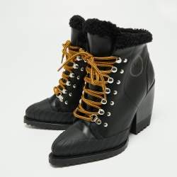 Pre Owned Chloe Black Leather And Woven Fabric Rylee Ankle Boots Size 38.5