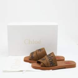 Pre Owned Chloe Brown Canvas Logo Ribbon Woody Flat Sandals Size 35