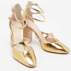 Pre Owned Chloe Gold Metallic Leather Block Heel Ankle-Strap Pumps Size 37
