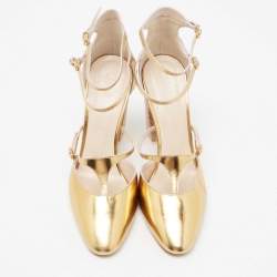 Pre Owned Chloe Gold Metallic Leather Block Heel Ankle-Strap Pumps Size 37