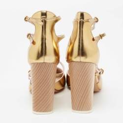 Pre Owned Chloe Gold Metallic Leather Block Heel Ankle-Strap Pumps Size 37