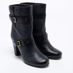 Pre Owned Chloe Black Leather Mid-Calf Buckle Boots Size 39