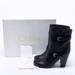 Pre Owned Chloe Black Leather Mid-Calf Buckle Boots Size 39