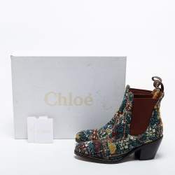 Pre Owned Chloe Multicolor Tweed Chelsea Ankle Length Boots Size 38
