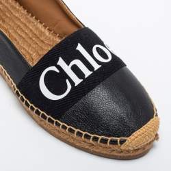 Pre Owned Chloe Black Leather and Logo Canvas Woody Espadrille Flats Size 39