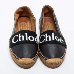 Pre Owned Chloe Black Leather and Logo Canvas Woody Espadrille Flats Size 39