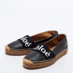 Pre Owned Chloe Black Leather and Logo Canvas Woody Espadrille Flats Size 39
