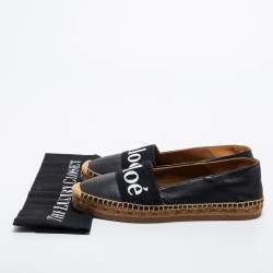 Pre Owned Chloe Black Leather and Logo Canvas Woody Espadrille Flats Size 39