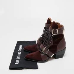 Pre Owned Chloe Burgundy Leather and Suede Rylee Ankle Boots Size 36.5