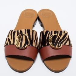 Pre Owned Chloe Tricolor Leather and Animal Print Calf Hair Flat Slides Size 42