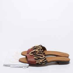 Pre Owned Chloe Tricolor Leather and Animal Print Calf Hair Flat Slides Size 42