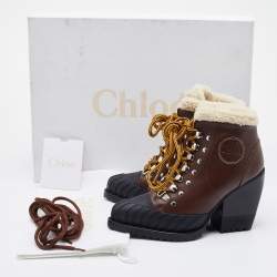 Pre Owned Chloe Brown/Black Leather and Rubber Rylee Ankle Boots Size 35