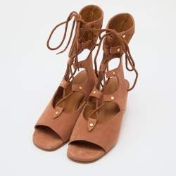 Chloe Brown Suede Caged Tie Up Ghillie Wedge Sandals Size 36