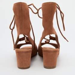 Chloe Brown Suede Caged Tie Up Ghillie Wedge Sandals Size 36