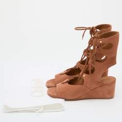 Chloe Brown Suede Caged Tie Up Ghillie Wedge Sandals Size 36