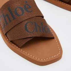 Pre Owned Chloe Brown Canvas Logo Ribbon Woody Flat Slides Size 40