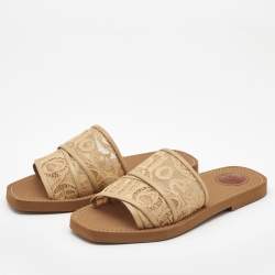 Chloe Beige Lace Woody Flat Slides Size 38