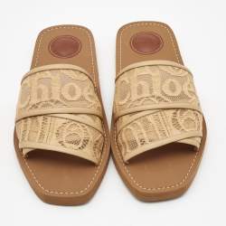 Chloe Beige Lace Woody Flat Slides Size 38