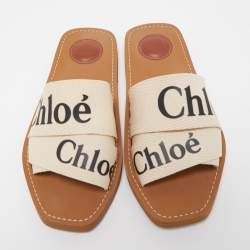 Chloe Off White Logo Print Canvas Woody Flat Slides Size 38
