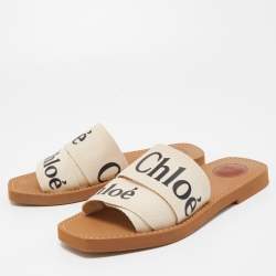 Chloe Off White Logo Print Canvas Woody Flat Slides Size 38