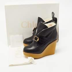 Pre Owned Chloe Black Leather Wedge Ankle Boots Size 36
