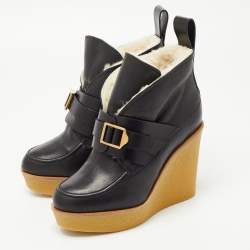 Pre Owned Chloe Black Leather Wedge Ankle Boots Size 36