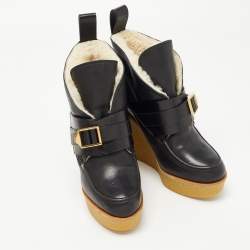 Pre Owned Chloe Black Leather Wedge Ankle Boots Size 36