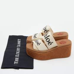 Chloe Beige Logo Print Canvas Woody Wedge Slide Sandals Size 35