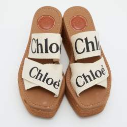 Chloe Beige Logo Print Canvas Woody Wedge Slide Sandals Size 35