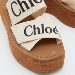 Chloe Beige Logo Print Canvas Woody Wedge Slide Sandals Size 35