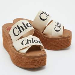 Chloe Beige Logo Print Canvas Woody Wedge Slide Sandals Size 35