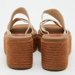 Chloe Beige Logo Print Canvas Woody Wedge Slide Sandals Size 35