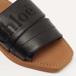 Chloe Black Leather Logo Embroidered Woody Flat Slides Size 38