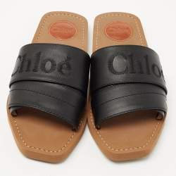 Chloe Black Leather Logo Embroidered Woody Flat Slides Size 38
