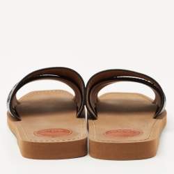 Chloe Black Leather Logo Embroidered Woody Flat Slides Size 38