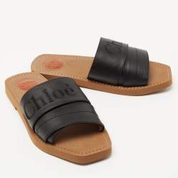 Chloe Black Leather Logo Embroidered Woody Flat Slides Size 38