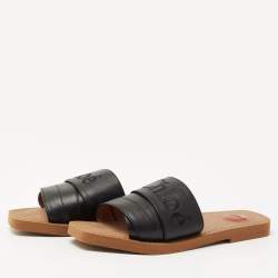 Chloe Black Leather Logo Embroidered Woody Flat Slides Size 38