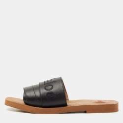 Chloe Black Leather Logo Embroidered Woody Flat Slides Size 38
