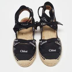 Chloe Black Canvas Ingrid Ankle Wrap Espadrille Flats Size 38