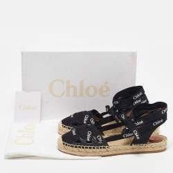 Chloe Black Canvas Ingrid Ankle Wrap Espadrille Flats Size 38