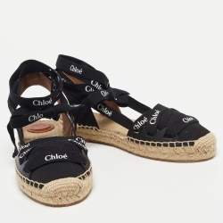 Chloe Black Canvas Ingrid Ankle Wrap Espadrille Flats Size 38