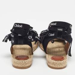Chloe Black Canvas Ingrid Ankle Wrap Espadrille Flats Size 38