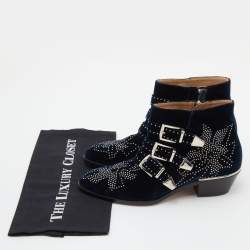 Pre Owned Chloe Navy Blue Studded Velvet Susanna Boots Size 38.5