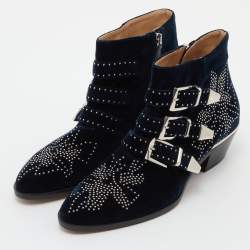 Pre Owned Chloe Navy Blue Studded Velvet Susanna Boots Size 38.5