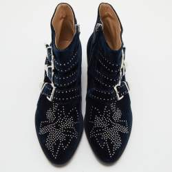 Pre Owned Chloe Navy Blue Studded Velvet Susanna Boots Size 38.5