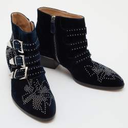 Pre Owned Chloe Navy Blue Studded Velvet Susanna Boots Size 38.5