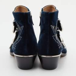 Pre Owned Chloe Navy Blue Studded Velvet Susanna Boots Size 38.5